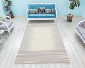 Vintage Turks kelimtapijt, gestreepte zachte wol, lichtgrijs abstract vloerkleed (8,8 x 5,8 voet)