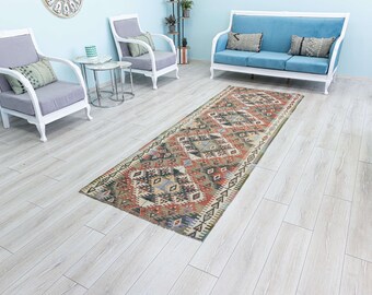 Handmade Turkish Kilim Runner Rug, Pastel Pink and White, 10.2 x 3.6 Ft