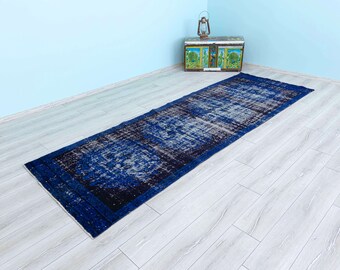 Hand Woven Wool Runner Rug, Blue Purple Bohemian Turkish Rug (10.8 x 3.6 Feet)