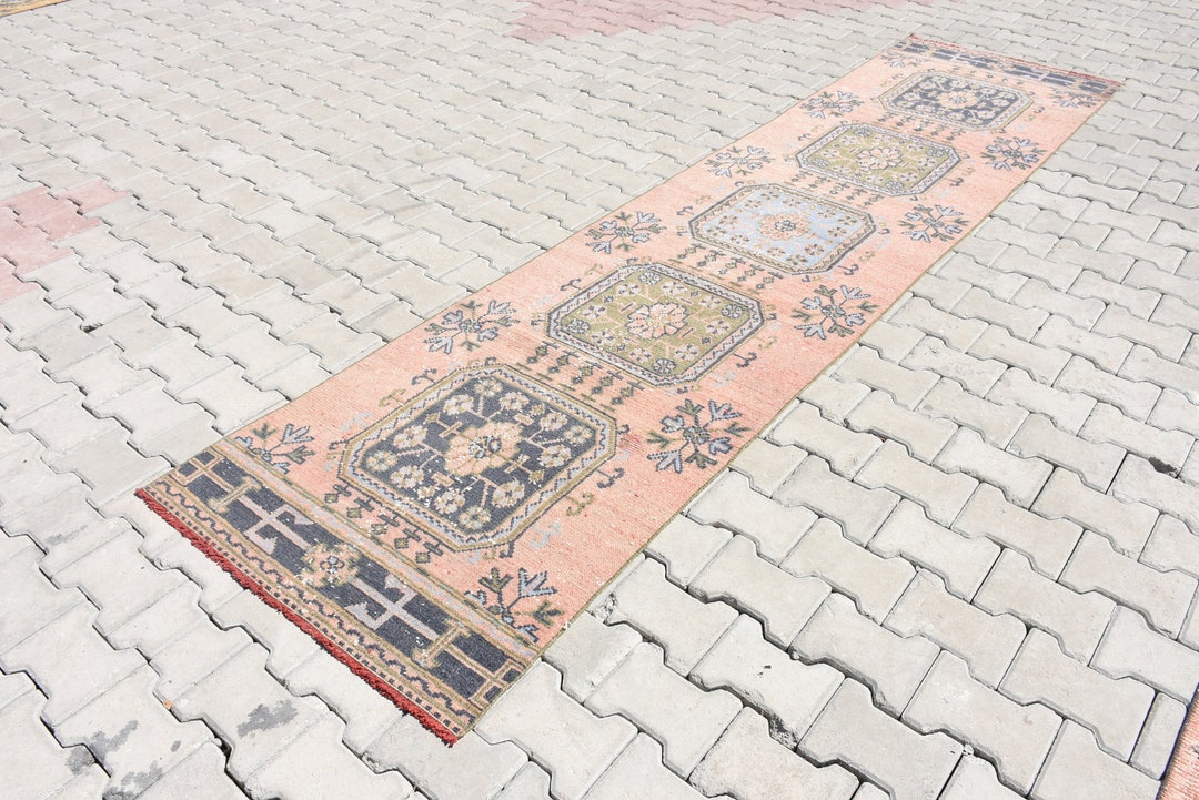 Pastel Pink Kitchen Runner Rug 11.5 X 2.8 Ft Oushak Fade Colors Runner