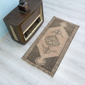 Tiny Home Pastel Pink Turkish Mat, Vintage Bathroom mat 2x3 Muted Door mat Rug, Anatolian Entry Small Area Rug, 3.7 x 1.8 Feet