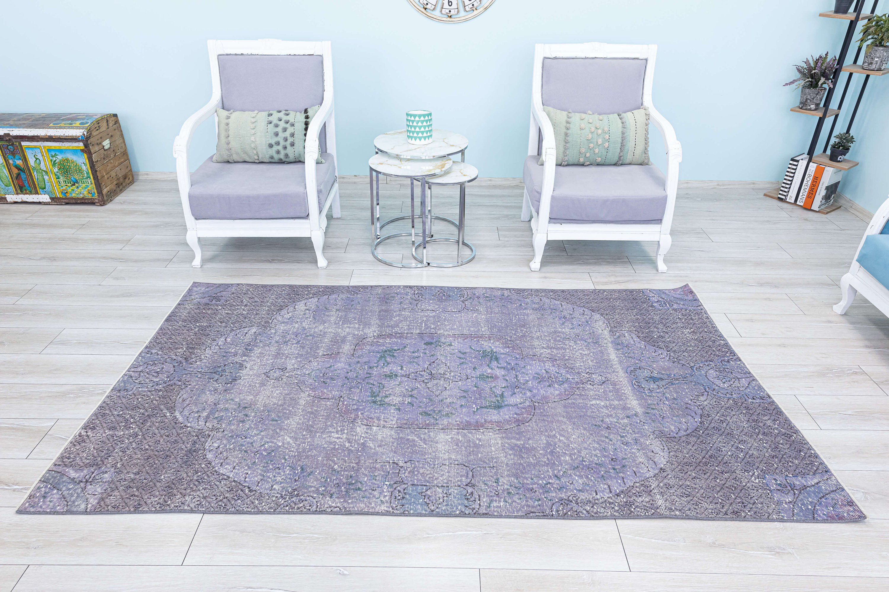 ヴィンテージ トルコ製オーバーダイウールラグ：パープルバイオレット