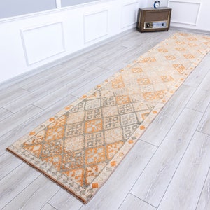 Turkish Long Runner Rug 3x14 Vintage Kitchen Muted Orange Hallway, Bohemian Corridor Wool Rugs, 2.8 x 14 Feet