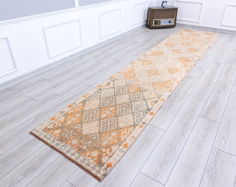 Turkish Long Runner Rug 3x14 Vintage Kitchen Muted Orange Hallway, Bohemian Corridor Wool Rugs, 2.8 x 14 Feet