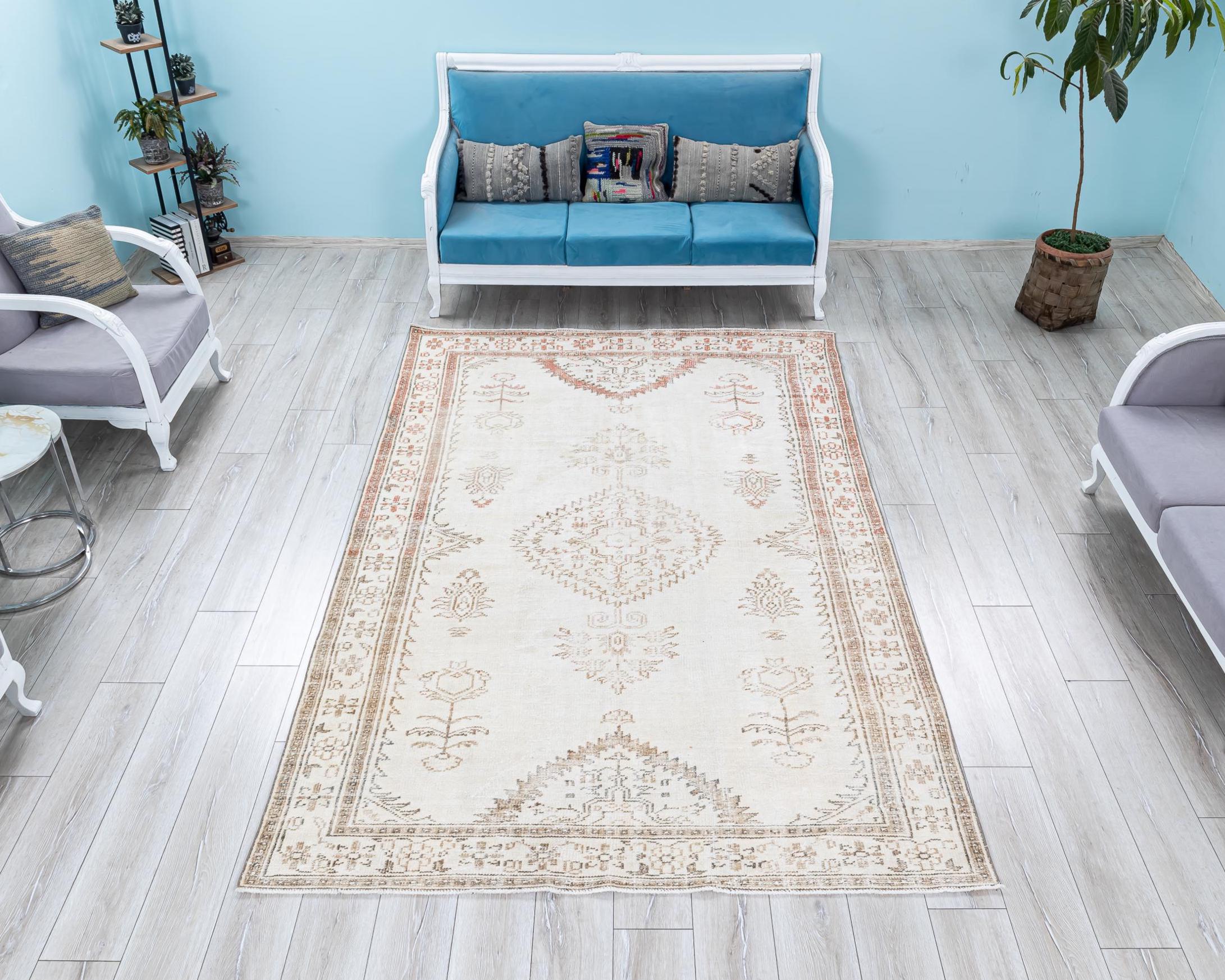 Neutral Turkish Vintage Rug, Muted Oriental Carpet for Farmhouse