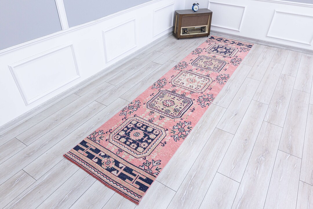 Pastel Pink and Navy Blue Runner Rug,turkish Hallway Long,vintage,entry