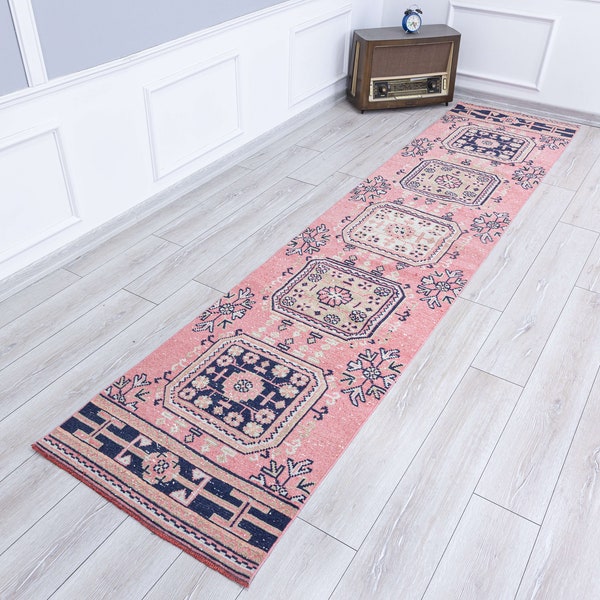 Pastel Pink and Navy Blue Runner Rug,Turkish Hallway Long,Vintage,Entry,Corridor,Kitchen Runners,Bohemian Pale Pink Runner Carpet