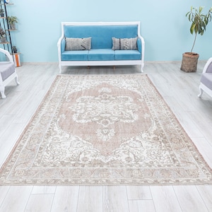 Turkish Oushak Rug,Pale Terracotta Color Large Area Rug,Anatolian Madellion Pattern Hand Knotted Vintage Rugs,Low Pile Rug Living Room Decor
