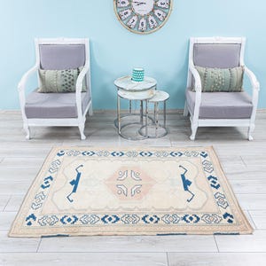 Vintage Turkish Rug 4x5 Handmade Wool Area Rug 4x6 Cream Blue Tribal Accent Rug,  Low Pile Entryway Rug