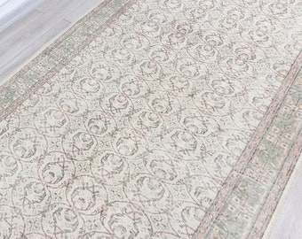 Vintage Turkish Wool Area Rug, Floral Pastel Bohemian Rug, 9.6 x 6 ft