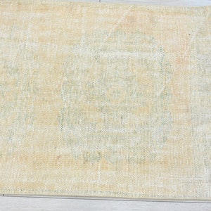 May include: A light beige rug with a faded, light green pattern. The rug has a subtle distressed look and a woven texture.