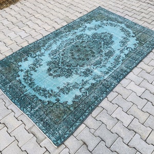 Oushak Turquoise Overdyed Area Rug 8.3 x 4.9 feet Turkish Modern Rug,Anatolia Handmade Decorative Rug,Vintage Wool Rug,Bohemian Rugs Carpet
