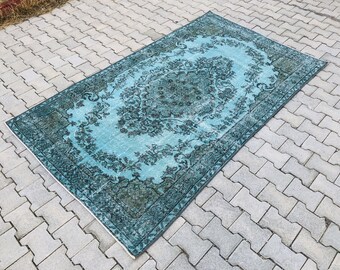 Tappeto Oushak Turquoise Overdyed Area 8,3 x 4,9 piedi Tappeto turco moderno, Tappeto decorativo fatto a mano Anatolia, Tappeto in lana vintage, Tappeto Boho Rugs