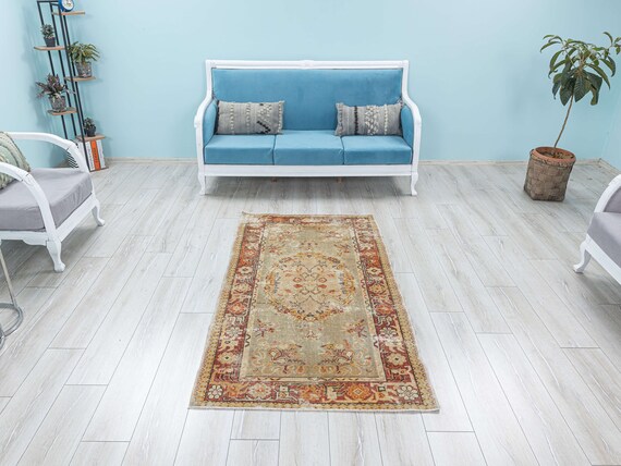 Pastel Vintage Oushak Rug, Turkish Wool Runner, Boho Decor (6.4 x 3.4 Feet)