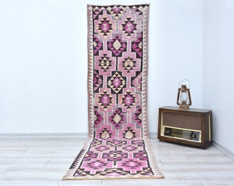 Pale Pink Black Runner Rug, Muted Pink Kitchen Runner, Turkish Kilim Runner Rug, Decorative Hallway Rug, Hand Made Wool Runner,3 x 10.5 Feet