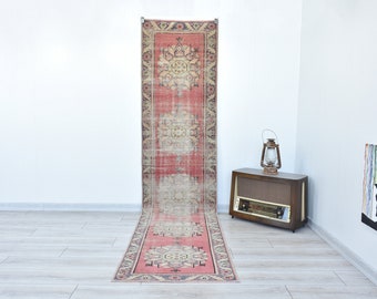 Vintage Distressed Runner Rug,Pastel Turkish Hallway Rug,Kitchen Bohemian Runner,Corridor Rug,Oushak Runner Rug, Narrow Runner,2.5x10.6 Feet