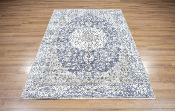 Oushak Rug 7x10 Turkish Large Area Rug, Vintage Pastel Blue Bohemian Carpet, Oriental Antique Rug 10x6.6 Feet