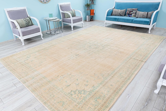 Bohemian Vintage Extra Large Rug 9x12 Turkish Oushak Oversized Muted Wool Area Rug, 8.8 x 12.6 Feet