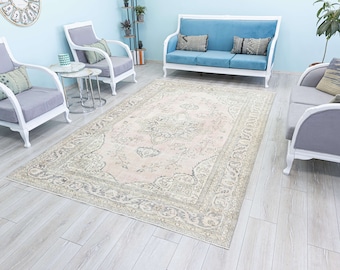 Neutral Turkish Rug 7x10 Pale Beige,Powder Pink Oriental bohemian area rug for living room bedroom kitchen, Muted Vintage  Rug,6.6x10.1 Feet