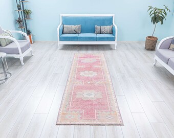 Vintage Turkish Oushak Runner Rug, Light Pink Wool Hallway Rug (8.8x2.8 ft)