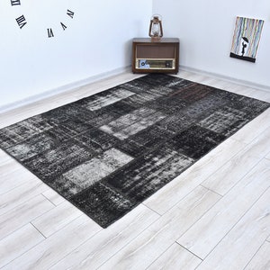 Patchwork Vintage Rug 6x8 Turkish Black White Handmade patchwork Rug, Black Bohemian Patch Rug, 8.3 x 5.6 Feet