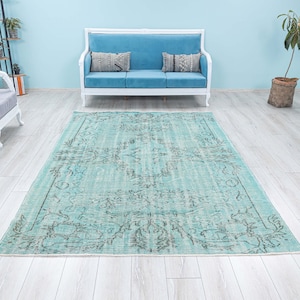 Aqua Green Turkish Area Rug,Low pile Vintage Overdyed Turquoise Rug,Anatolia Hand Knotted Decorative Teal Carpet