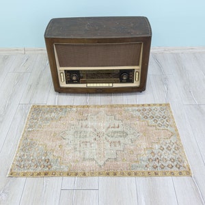 Tiny Vintage Rug 2x3 Turkish Bathroom Mat,Tiny Home Vintage Handmade Bathmat,Oriental Low Pile Small Doormat, 3.2 x 1.7 Feet