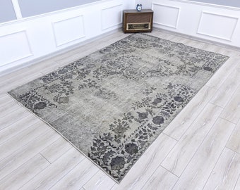 Gray Turkish Area Rug (10.1 x 6.5 ft) Hand Woven Wool Distressed Bohemian Rug