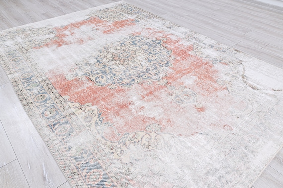 Antique Rug 7x10 Persian very old hand woven bohemian rug, Wool Rustic Area Rug, Vintage Distressed Unusual Neutral Carpet, 10.2 x 6.8 Feet