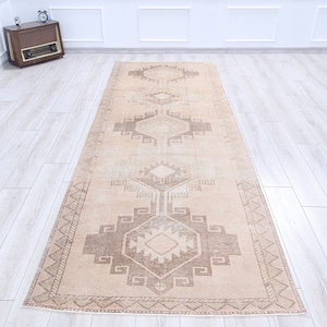 Neutral Vintage Runner 4x12 Muted Turkish Kitchen Rug,Pale Beige Brown Primitive Entryway Rug, 4.1 x 12.3 Feet