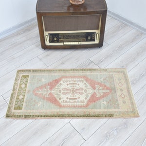 Pastel Handmade Doormat Rug 3.5 x 1.7 Feet Bathmat Vintage Traditional Rug,Turkish Small Rug,Bohemian Door mat Rug,Anatolia Tribal Wool Rug