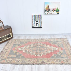 Turkish Vintage Pastel Wool Area Rug  4&#39;6&#39; Oushak  Handmade Rug,Anatolia Pale Small Bohemian Rug Antique Rug