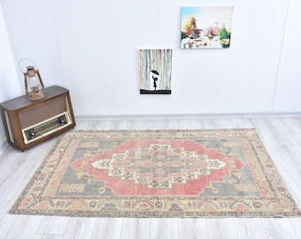 Vintage Turkish Wool Rug, Oushak, Handmade Anatolian Rug, 4'6''