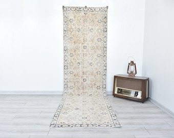Vervaagde perzikkleurige Runner Rug, Gedempt Runner Rug, Turkse Runner Rug, Vintage Keuken Runner, Oushak Runner Rug, Oude Runner Rug, 3.7x10.1 Voeten