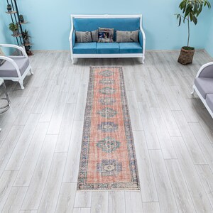 Turkish Runner 3x11-Pastel Pink Oushak Hallway Rug - Hand Knotted Bohemian Vintage Carpet-Antique Runner for Kitchen & Corridor-11x2.6 Feet