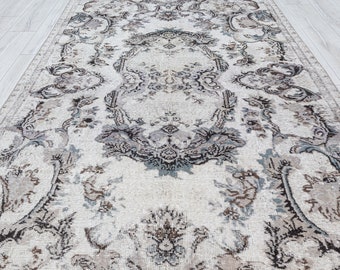 Light Gray Turkish Vintage Area Rug 5x8 Oushak Overdyed Pastel Grey Unique Boho Decor 5.2x8.4 Feet