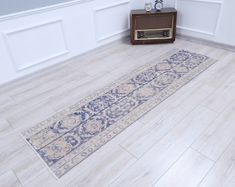 Navy Blue Turkish Runner Rug, Bohemian Hallway Rug, Hand Knotted Wool (7.6 x 1.9 Feet)
