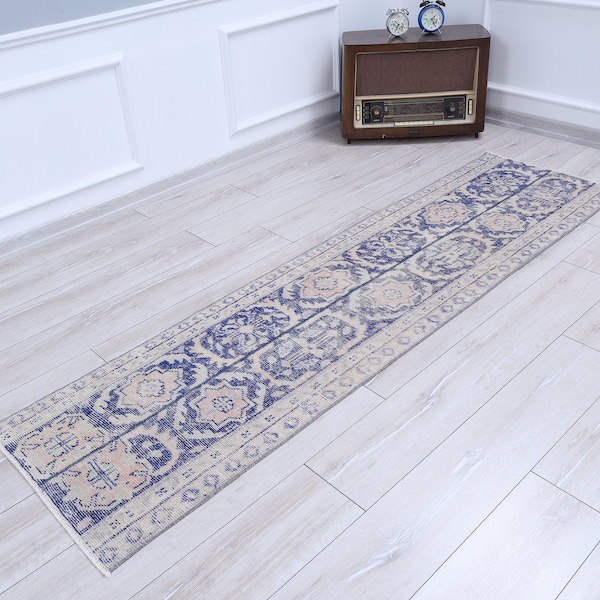 Navy Blue Narrow Runner, Bohemian Kitchen Hallway Rug, Decorative Table Runner, Rustic Hand Knotted Rug