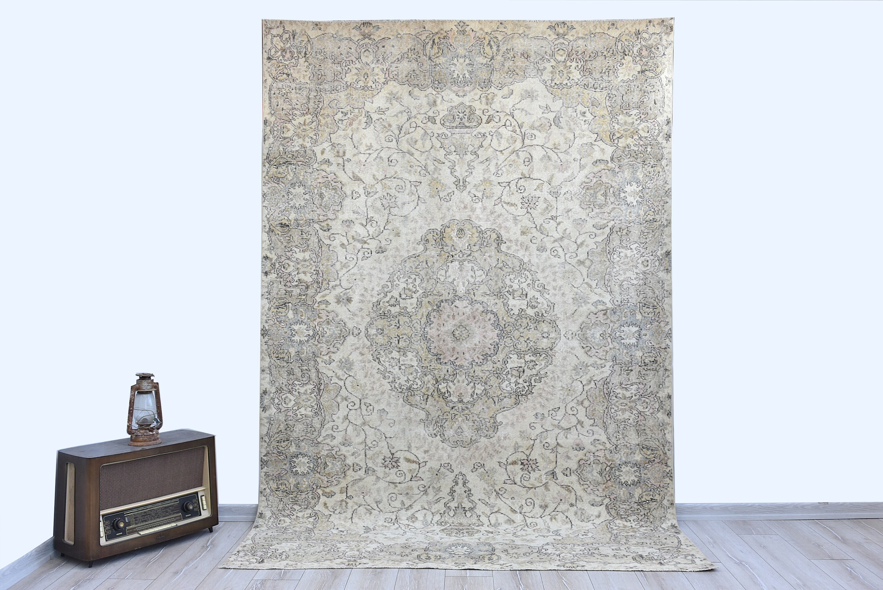 7x10 Turkish Area Rug,Muted Cream Beige Pink and Black Rug, Hand Knot Rug, Vintage Rug,Oushak Rug Large,Village Bohemian Rug, 6.6 x 9.9 Feet