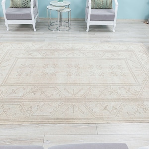 6x10 Muted Turkish Geometric Vintage Rug 7x10 Neutral Faded Beige  Farmhouse Floor Decor, Pale Bohemian Hand Knotted Carpet, 9.8 x 6.6 Feet