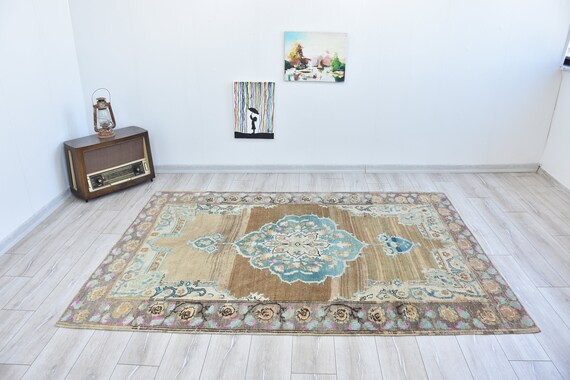 6x8 Turkish Rug, Pastel Vintage Rug, Pale Oushak Rug,Anatolia Neutral Rug, Knot Wool Rug,Bohemian Area Rug,Faded Nomadic Rug, 7.7 x 5.5 Feet