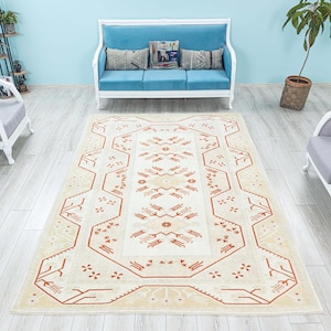 Oushak Turkish Rug, Vintage Low Pile Rug, Beige-White-Red Color, Hand Knotted Area Rug,Large Turkish Geometric Area Rug, 6.5 x 9.4 Feet