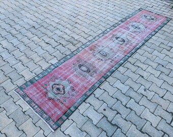 Pink Runner-11.3 x 2.5 feet Turkish Runner Rug Pink Vintage Hallway Rug,Kitchen Runner Rug,Corridor Runner,Antique Runner,Oushak Runner Rug