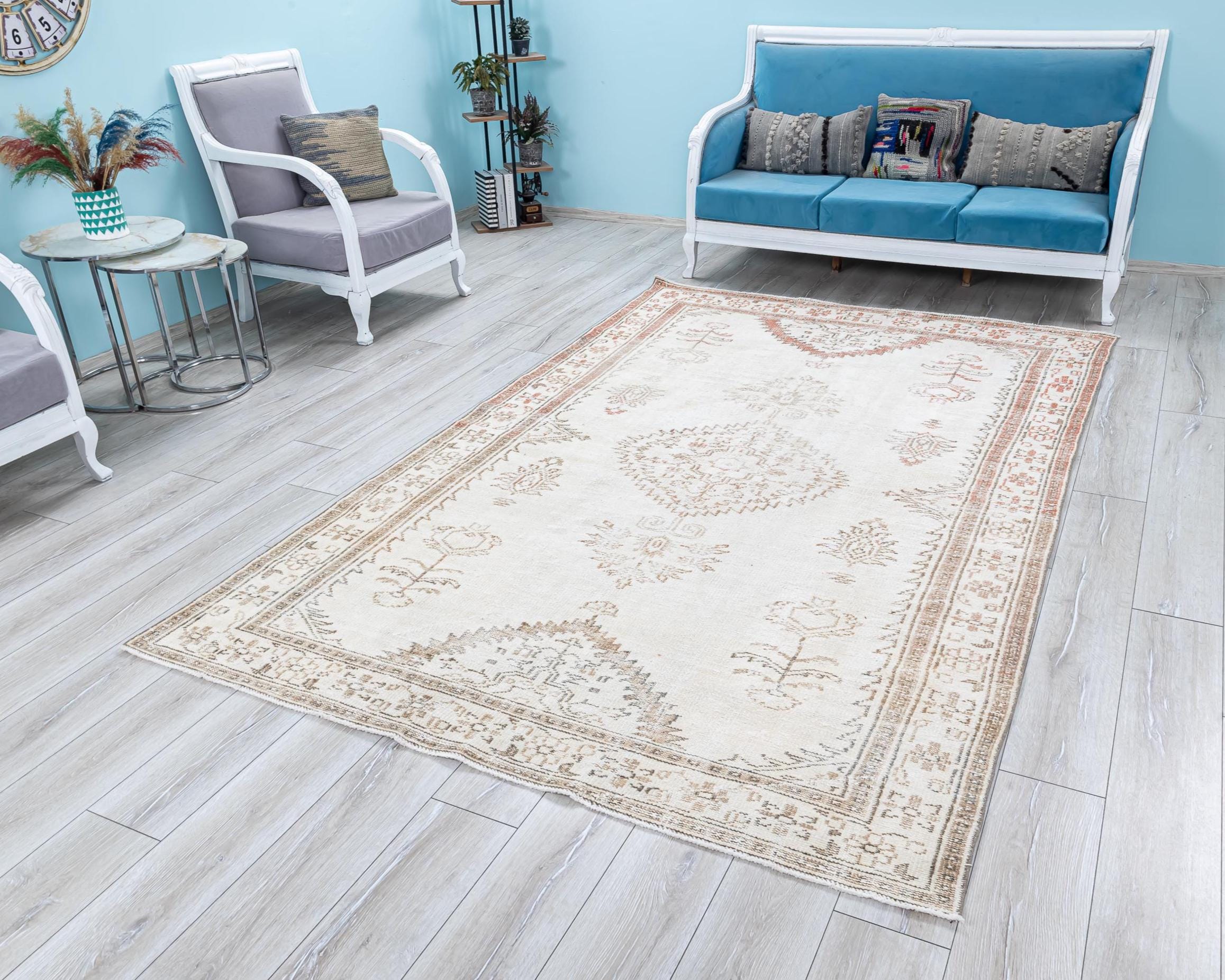 Neutral Turkish Vintage Rug, Muted Oriental Carpet for Farmhouse