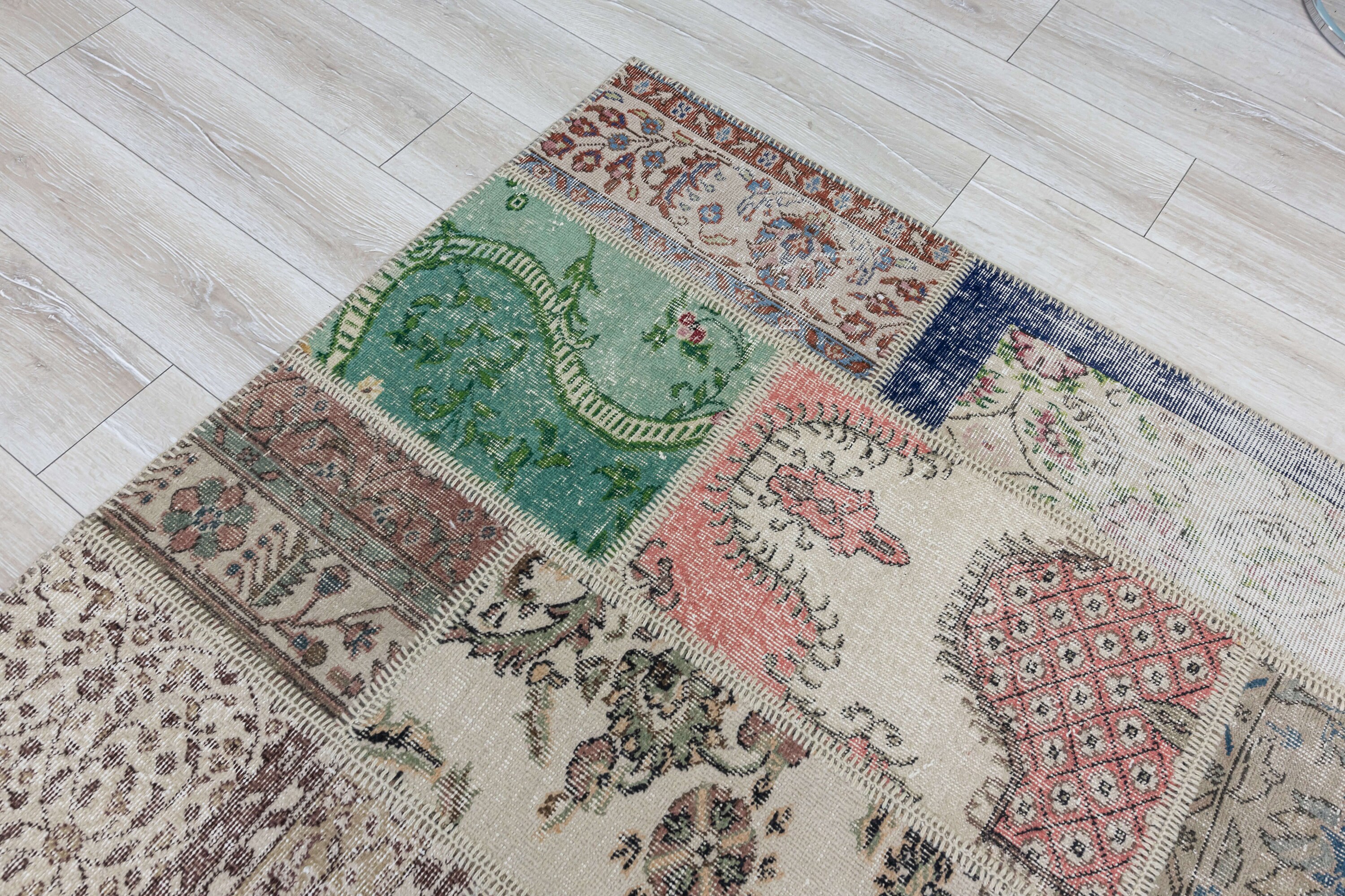 Turkish Patchwork Rug 7.5 X 5.5 Feet Vintage Pastel Natural