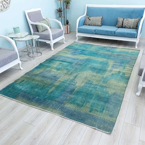 Modern 6x9 Aqua Blue,Green Overdyed Vintage Rug, Abstract Wool Decorative Area Carpet, 5.6 x 9.1 feet