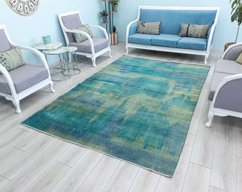 Aqua Blue Green Wool Rug, Overdyed Vintage Carpet 5.6 x 9.1