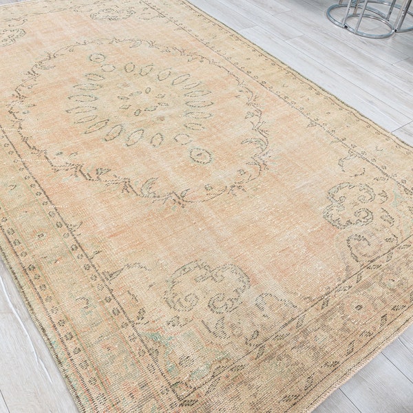 Beige Rug 6x9 Muted Large Rug, Hand Knotted Low Pile Anatolian Carpet, Turkish Wool Area Carpet, Bohemian Farmhouse Decor, 5.8 9.4 feet