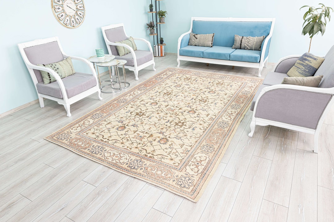 Straw Yellow Geometric Anatolian Vintage Rug 7x10 Pastel Yellow Large ...