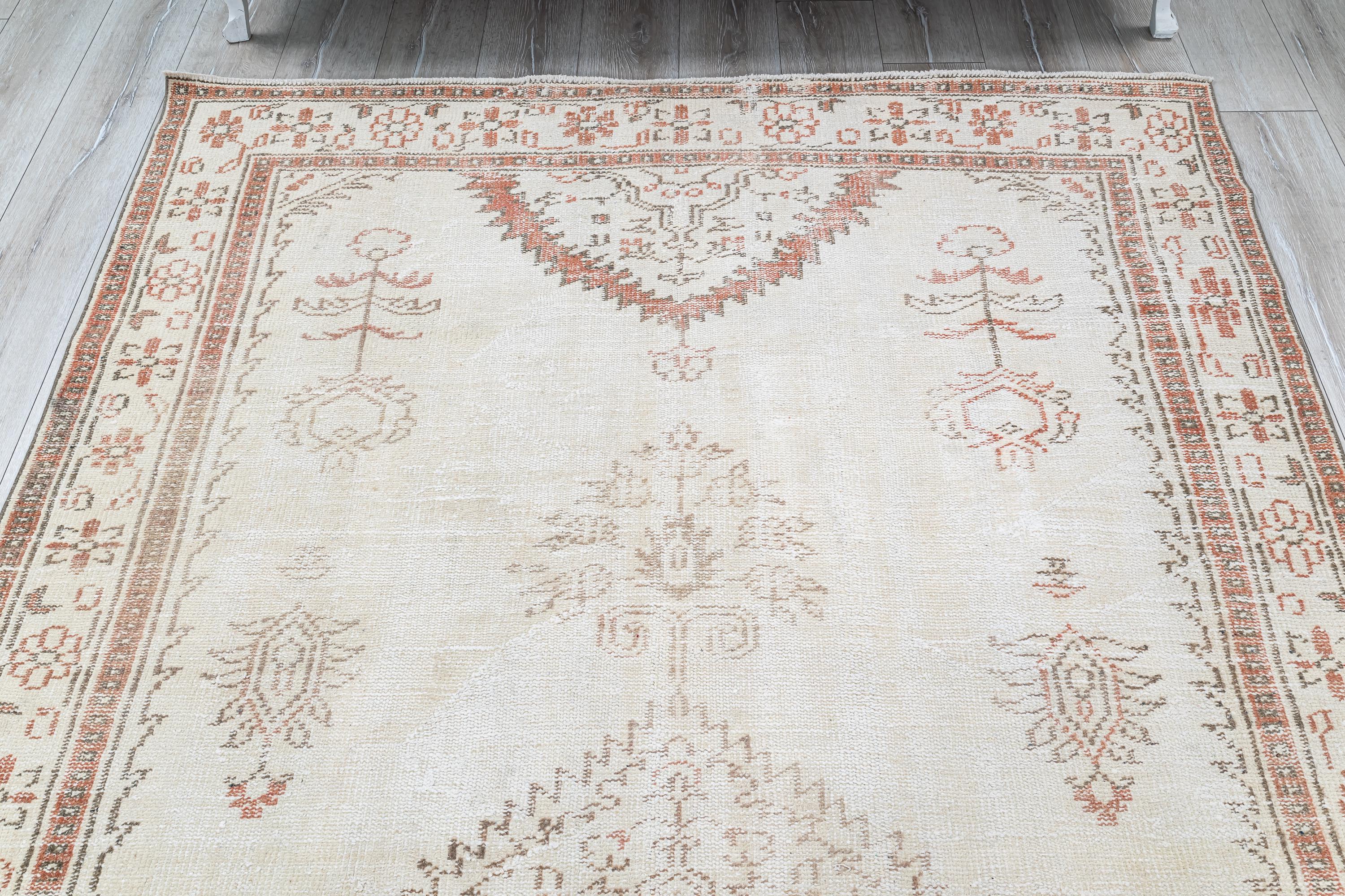 Neutral Turkish Vintage Rug, Muted Oriental Carpet for Farmhouse